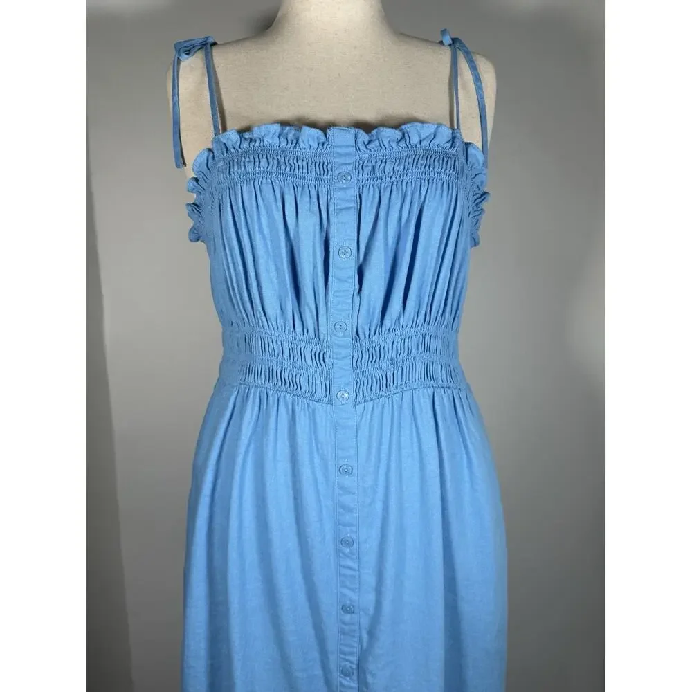 Blue Smocked Midi Dress Faux Button Front Linen Blend Boho Coastal Minimalist XL - Picture 2 of 15